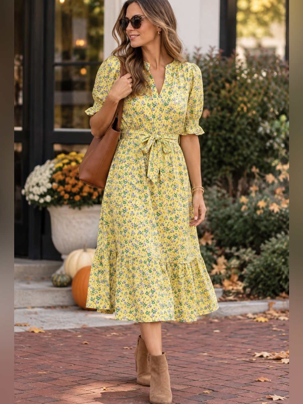 Talbots Floral Smocked Voile Fit & Flare Midi Dress Yellow XS Cotton